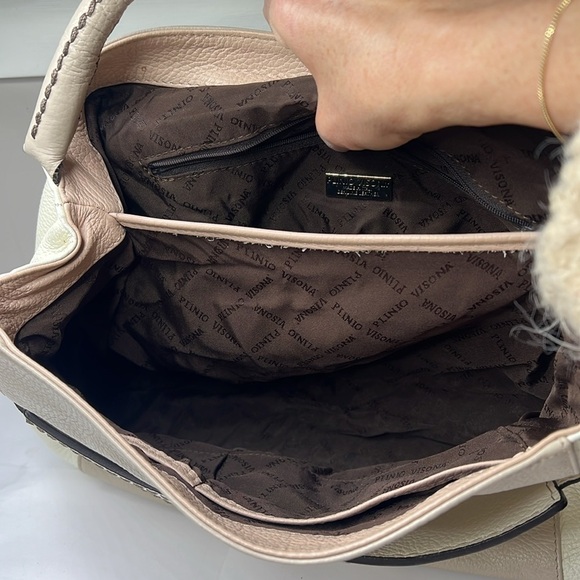 Plinio Visona Beige Peach Stone Pebbled Leather Three Way Bag - Made in Italy - Picture 14 of 16